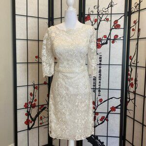 Lace, Knee-Length Bridal Gown with 3/4 Sleeves